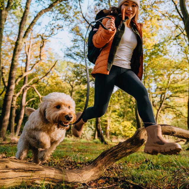 Young woman jumping over wooden trunk with her dog while exploring nature Young woman jumping over wooden trunk with her dog while exploring nature