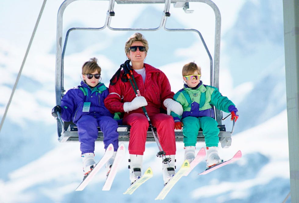 lech, austria april 10 the princess of wales with her two sons, prince william and prince harry on a chairlift during a ski hloiday in lech, austria photo by tim graham photo library via getty images