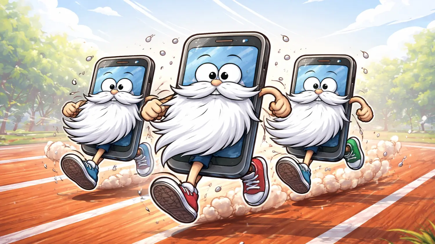 Cartoon image of three iPhones with white beards and tennis shoes running down a track, used to illustrate a story on how to speed up again iPhones.