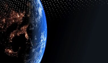 Promotional image for the Amazon Leo satellite service shows the Earth from space and the word "Leo" written many times in small letters.