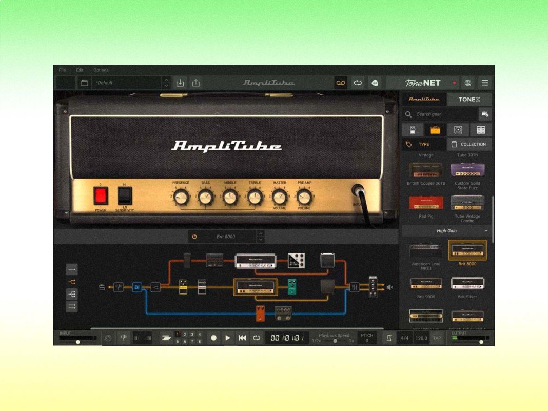 AmpliTube 5 interface, showing a number of amp simulations.