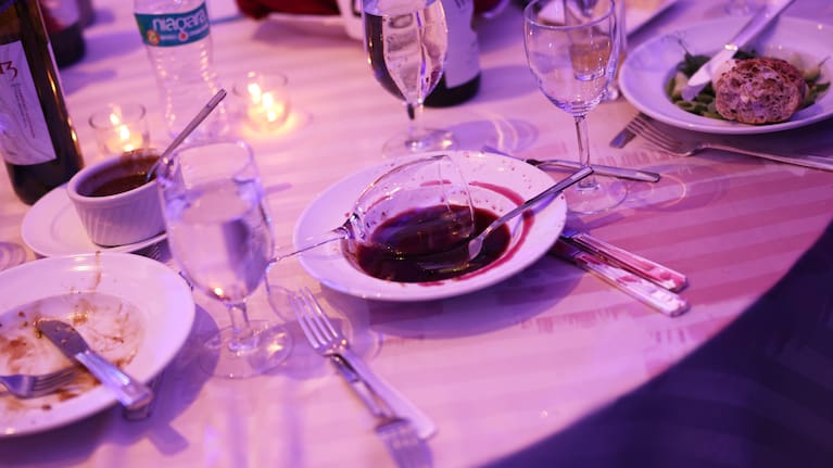 An abandoned wine glass sits in a bowl after an incident occurred at the White House Correspondents Dinner.