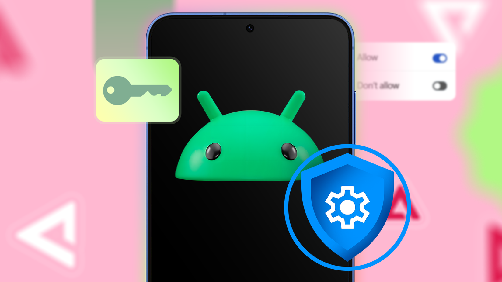 An Android mascot on a smartphone screen, surrounded by a blue security shield icon and a floating key symbol, with a permission toggle graphic blurred in the background