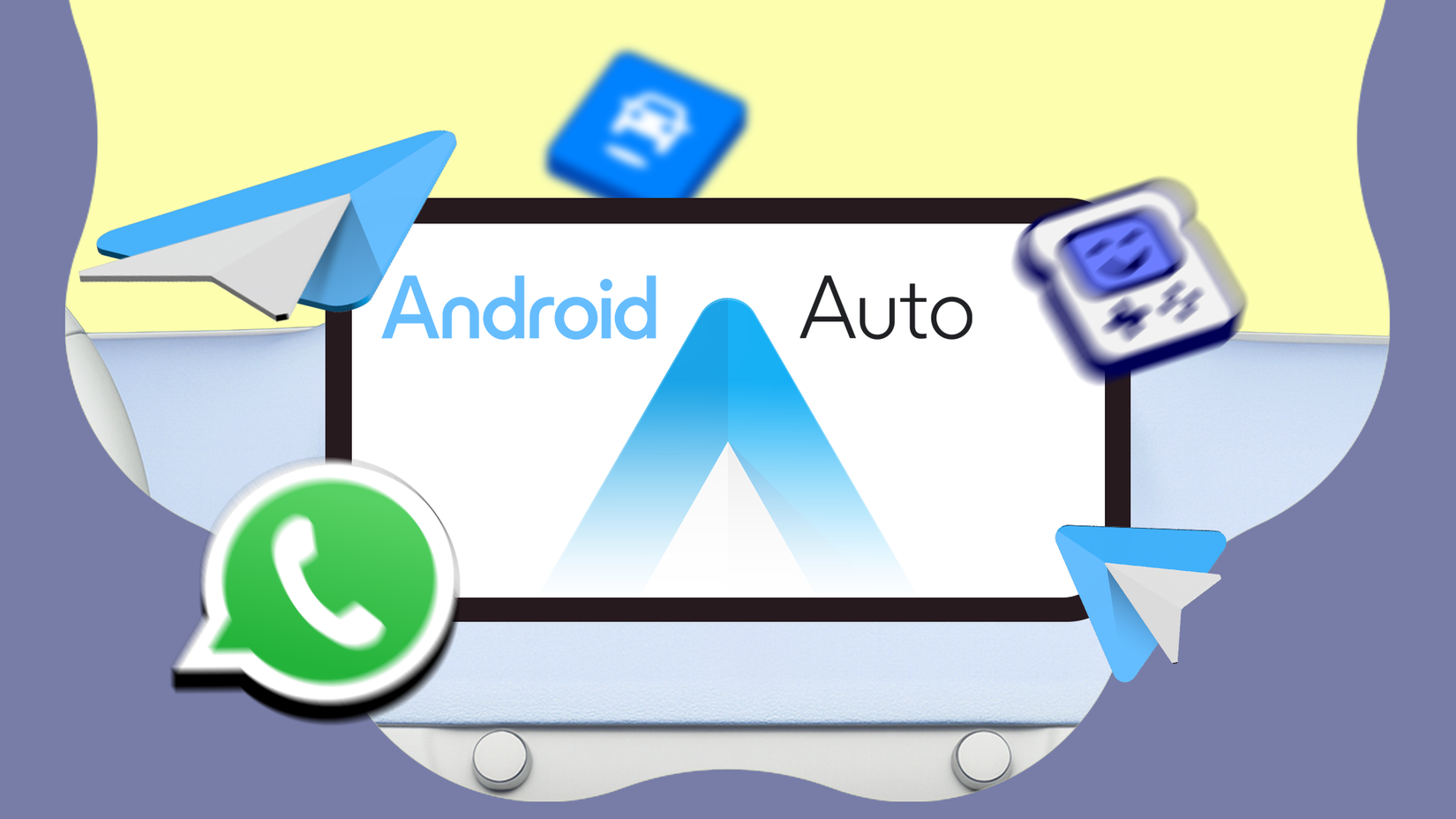 Android Auto logo with floating icons for WhatsApp, SpotHero and GameSnacks