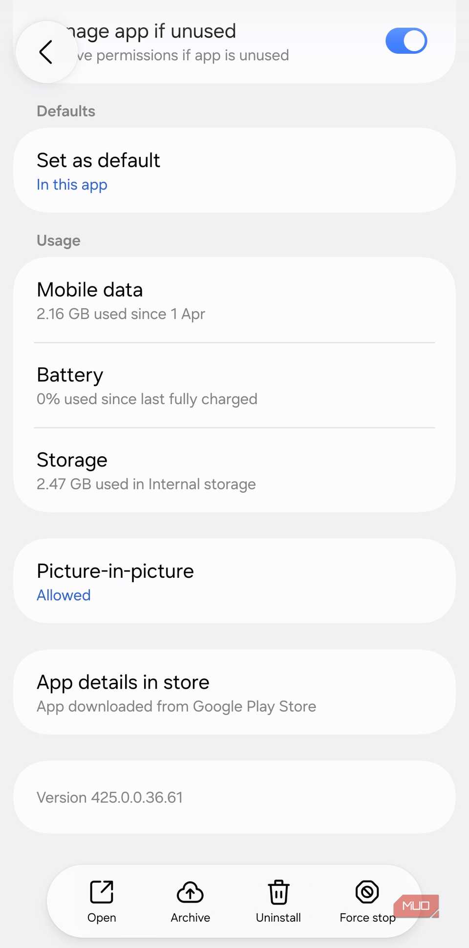 Apps info page on Android