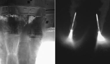 Left: Close-up of rocket engines with smoke and flames at launch. Right: Two missiles in flight, leaving bright trails and plumes against a dark sky. Both images are in black and white.