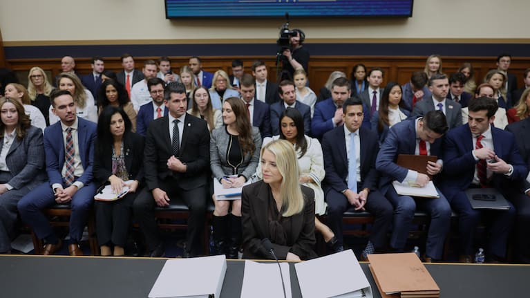 Attorney General Pam Bondi arrives to testify before a House Judiciary Committee oversight hearing on Capitol Hill in Washington.