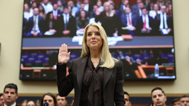 Attorney General Pam Bondi arrives to testify before a House Judiciary Committee oversight hearing on Capitol Hill in Washington.