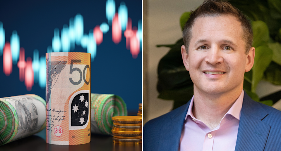 Financial advisor from Queensland Mark O'Flynn pictured alsongside Australian cash and market graph.