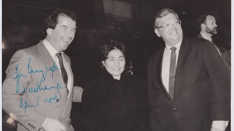 Barry Soper and David Lange on either side of Yoko Ono (from One Last Question, by Barry Soper)