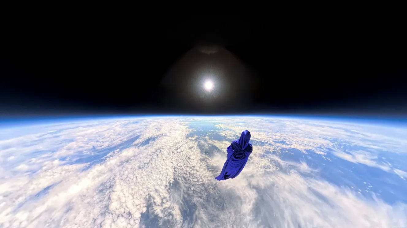 A silk-covered mannequin in a blue cloak floats above Earth's clouds in the stratosphere, with the sun shining brightly in the dark sky above.