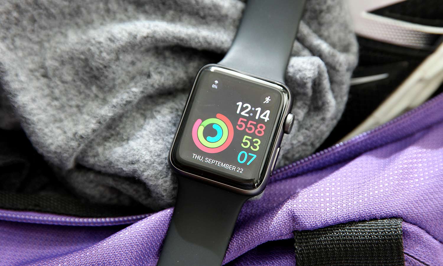 An Apple Watch 2 on top of a gym bag