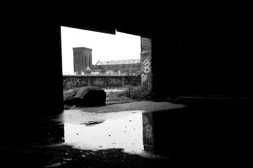 A photo taken from inside an abandoned building with a  puddle on the ground and another building in the background.