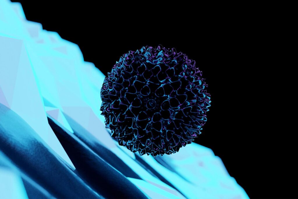 Highly detailed image of a virus particle with complex surface structure, highlighting advances in m.