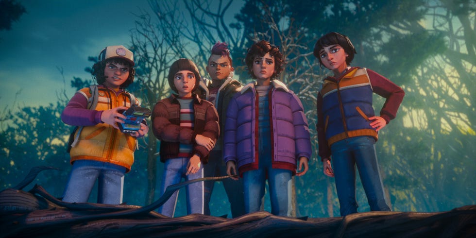 Braxton Quinney as Dustin, Benjamin Plessala as Will, Brooklyn Davey Norstedt as Eleven and Luca Diaz as Mike, Stranger Things: Tales from '85 braxton quinney as dustin, benjamin plessala as will, brooklyn davey norstedt as eleven and luca diaz as mike, stranger things tales from '85