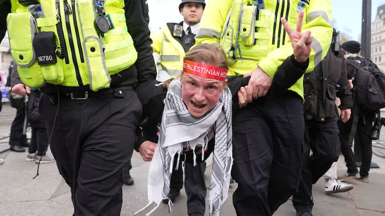 Police remove a protester at a demonstration against the ban on Palestine Action, in Trafalgar Square