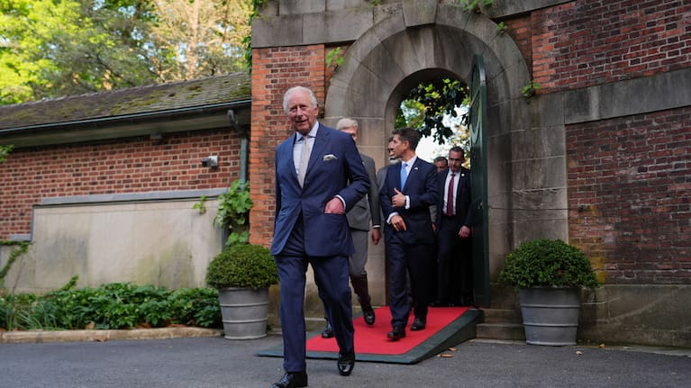 Britain's King Charles III departs the British Embassy.