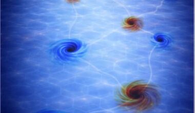Conceptual illustration showing a glowing pool dotted with blue and orange vortices