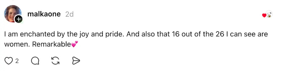 The image shows a social media post expressing joy and pride, noting that 16 out of 26 people seen are women