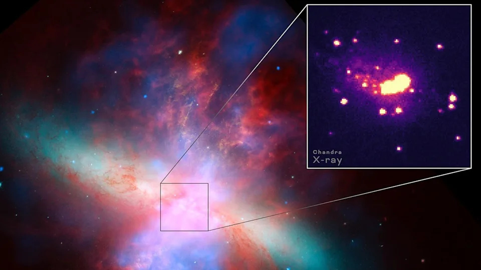  A colorful view of space with tendrils and blobs of gas. A box-out shows a bunch of glowing dots. 