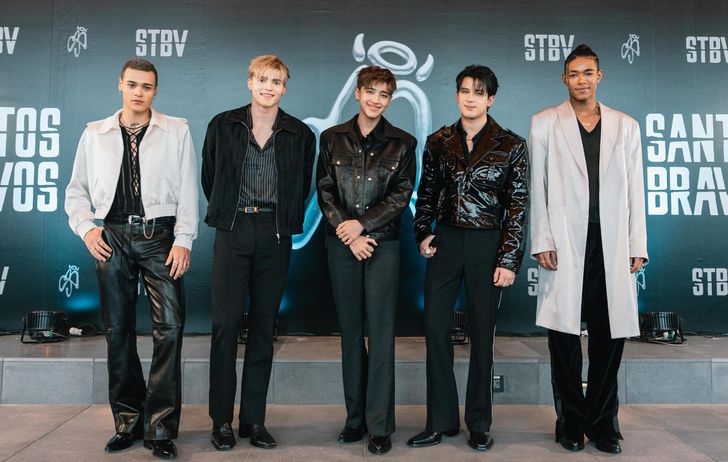 From left, members of SANTOS BRAVOS Drew, Gabi, Kenneth, Alejandro and Kaue pose during a press event at HYBE headquarters in Yongsan Distirct, Seoul, Friday. Courtesy of HYBE Latin America