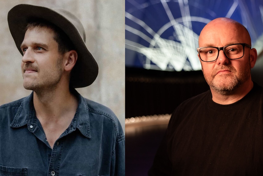 Composite of Australian man in demin shirt and akubra hat with middle-aged man wearing spectacles and black shirt