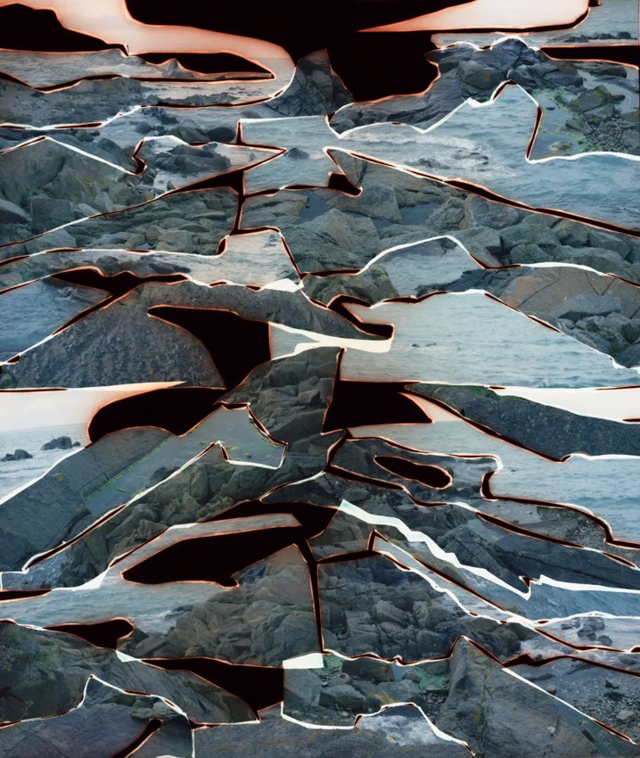 Abstract fractured collage of rocky coastal landscape with jagged black and white lines creating fragmented visual sections