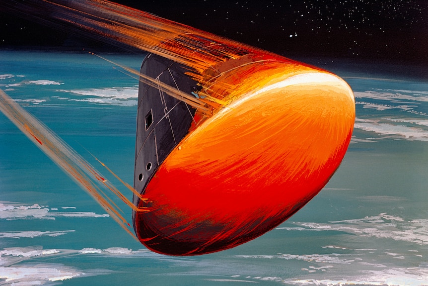 A drawing of the Command Module heading up as it heads towards Earth. 