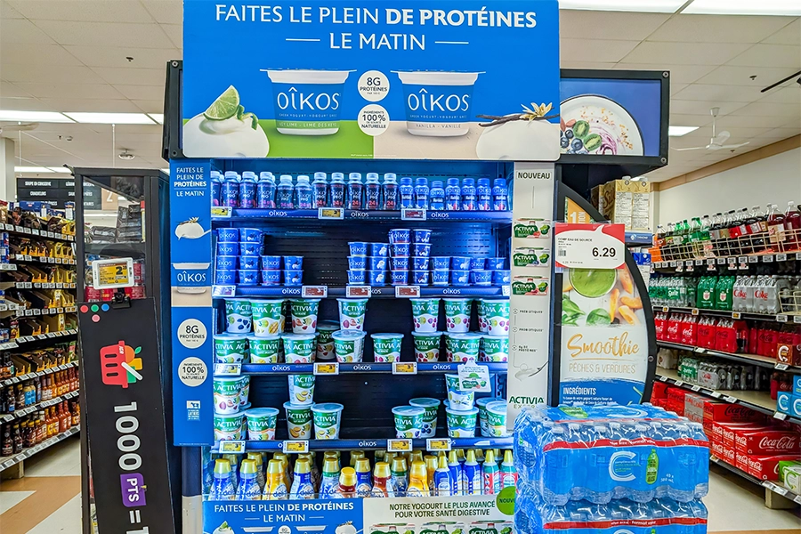 Danone Oikos Protein Shakes in supermarket.