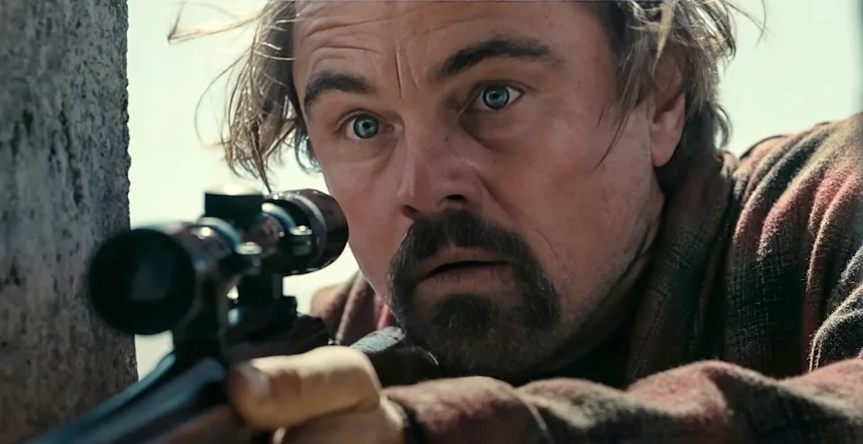 Person aiming a rifle with intense focus, wearing a plaid jacket, in a suspenseful scene