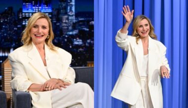 Cameron Diaz styles a white suit on "The Tonight Show Starring Jimmy Fallon" on March 31 in New York City.