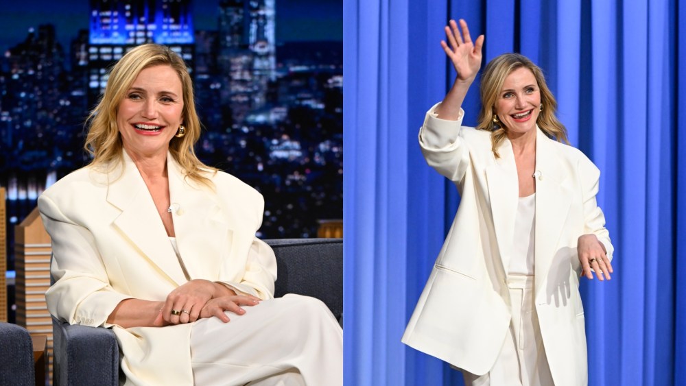 Cameron Diaz styles a white suit on "The Tonight Show Starring Jimmy Fallon" on March 31 in New York City.