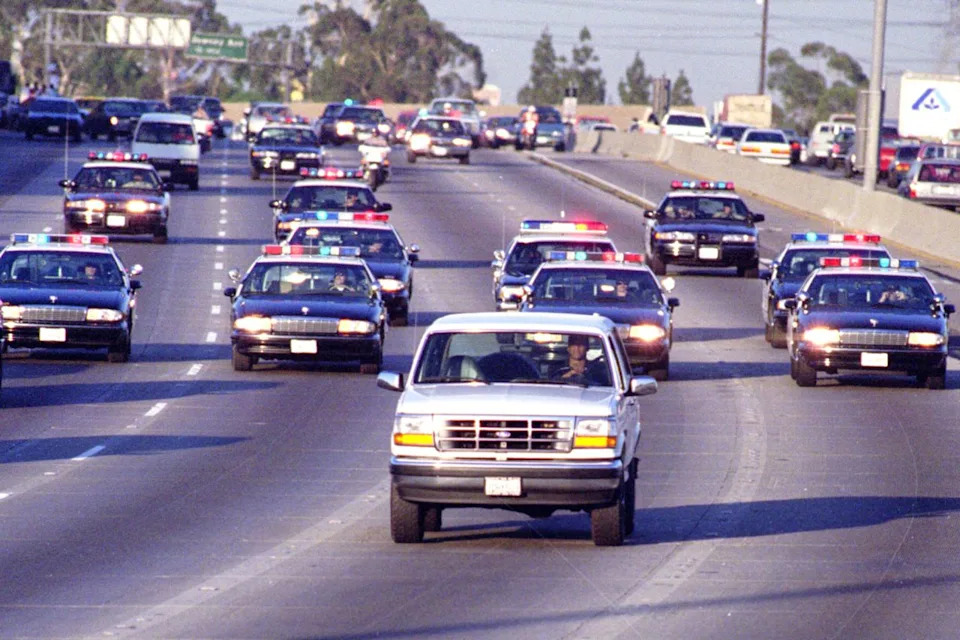 California Highway Patrol chasing O.J. Simpson's Bronco on the 91 freeway in Los AngelesCredit: Allen J. Schaben/Los Angeles Times via Getty
