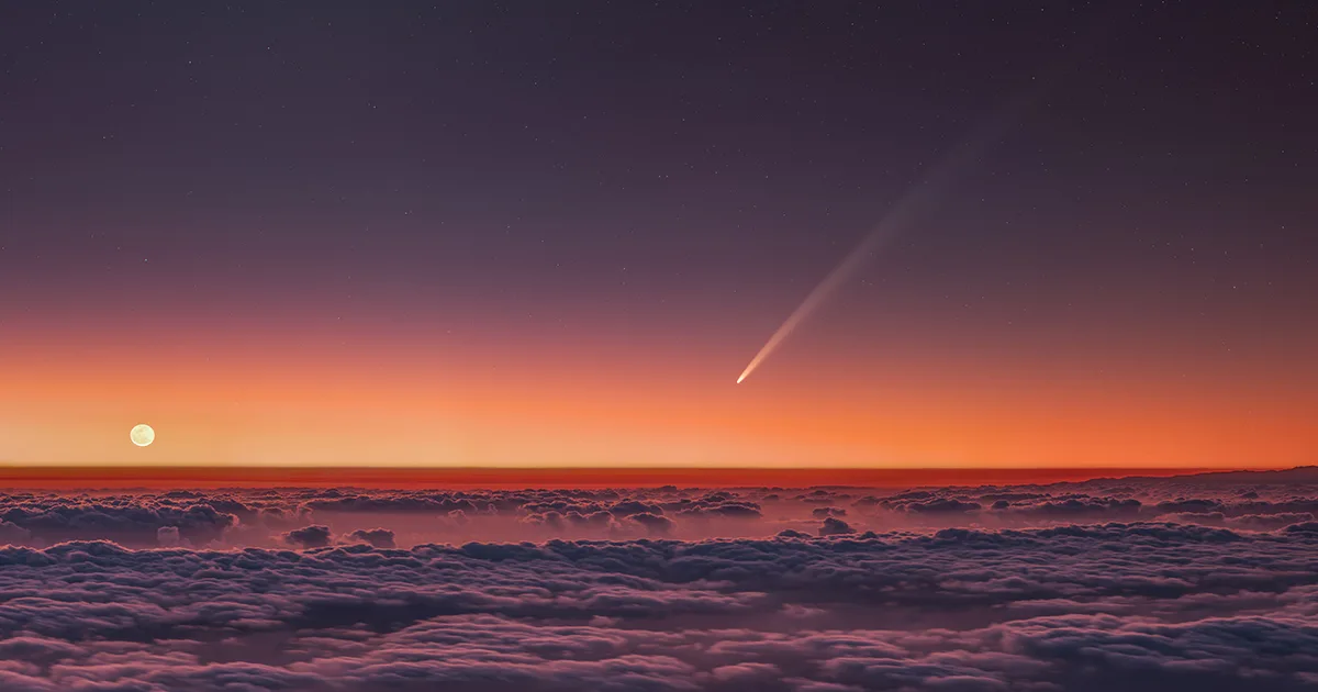 Comet C/2023 A3 Tsuchinshan-ATLAS, captured by Gergely Tóth from La Palma, Canary Islands, 1 October 2024, 06:00 UTC. Equipment: Sony A7IIIa camera, Samyang AF 135mm f/1.8 lens, Benro Polaris tripod head. Sky: f/1.8, 8s, ISO 640 (8 panels in 1 row) Foreground: f/1.8, 4s, ISO 640 (8 panels in 1 row)