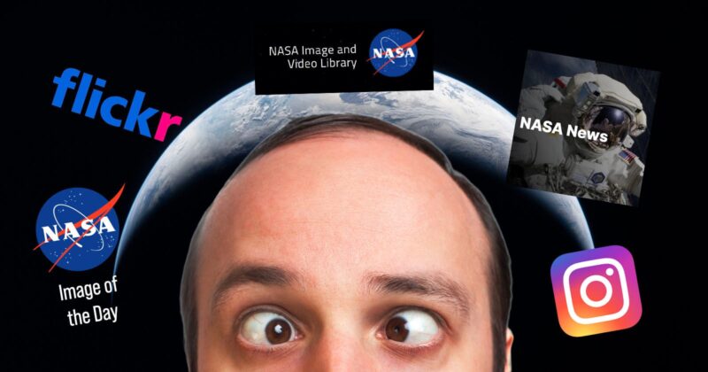 A person with crossed eyes looks up at floating NASA logos, images, and social media icons, including Flickr and Instagram, against a backdrop of Earth from space.