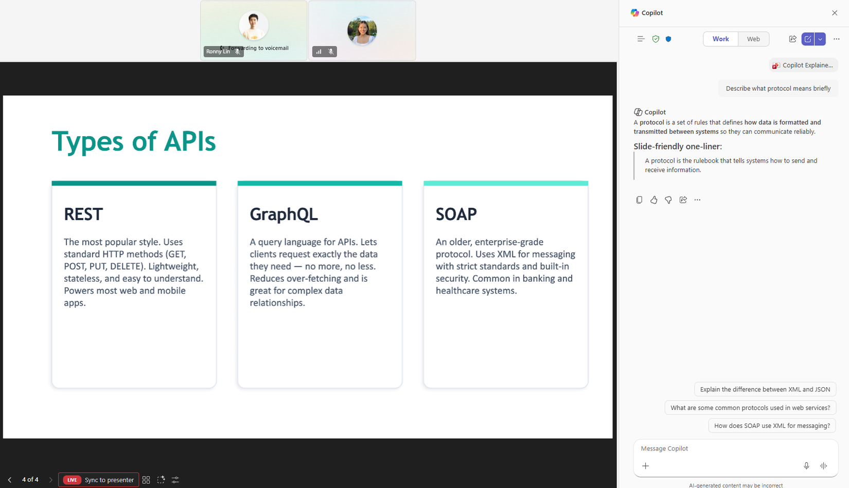 An example of Copilot explaining something in PowerPoint in Microsoft Teams