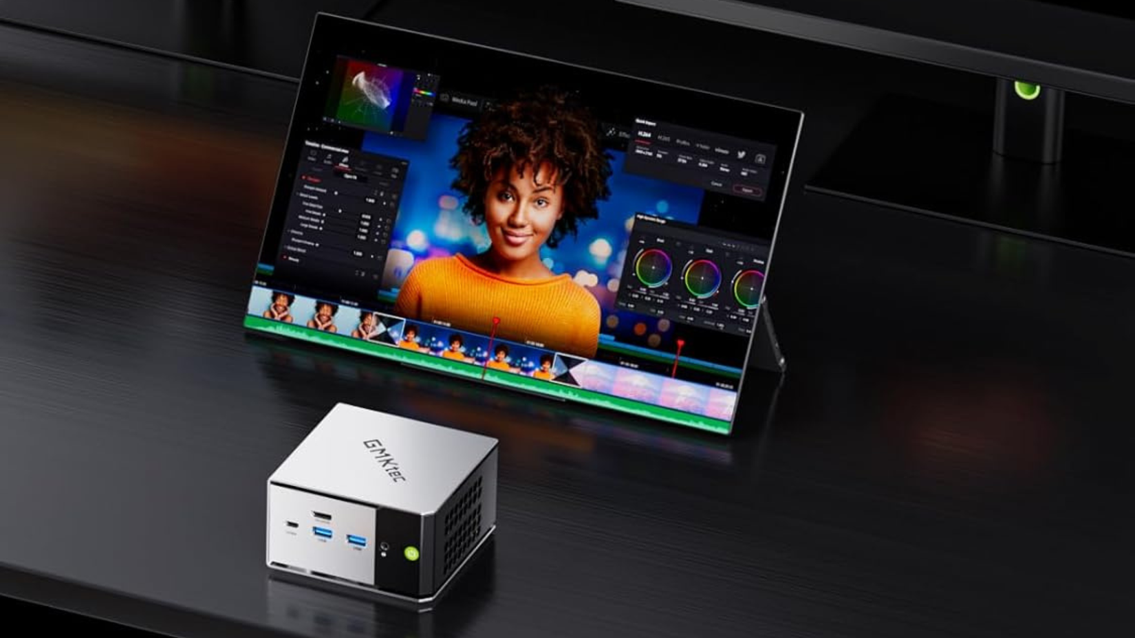 GMKtec Mini PC on desk connected to monitor