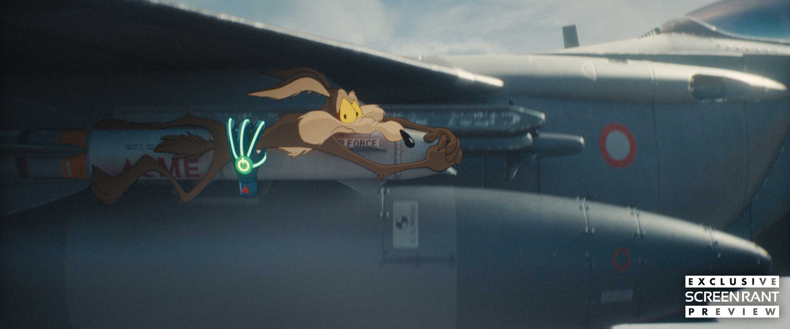 Wile E. Coyote hangs onto a jet by a missile in Coyote vs. Acme
