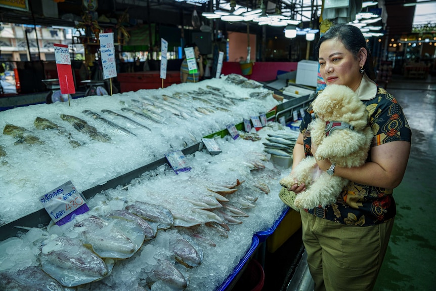 A woman holds a small furry dog to her chest as she examines rows of fish packed in ice at a market stall.