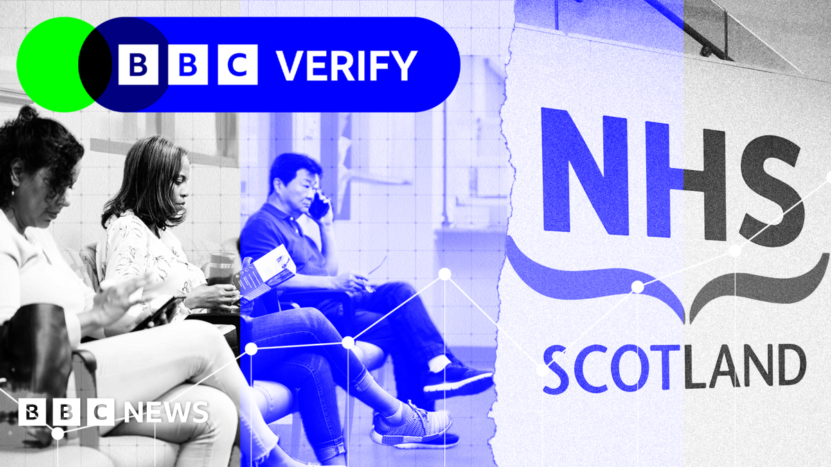 The graphic is shaded black and white, and blue. It is split into two parts. On the left side there are three people sat in a hospital waiting room with the BBC Verify logo above them and on the right side is the logo for NHS Scotland.