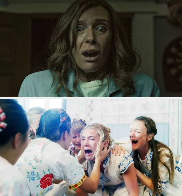 Top: Shocked woman indoors from a suspense scene. Bottom: Distressed woman surrounded by comforting group in a traditional setting