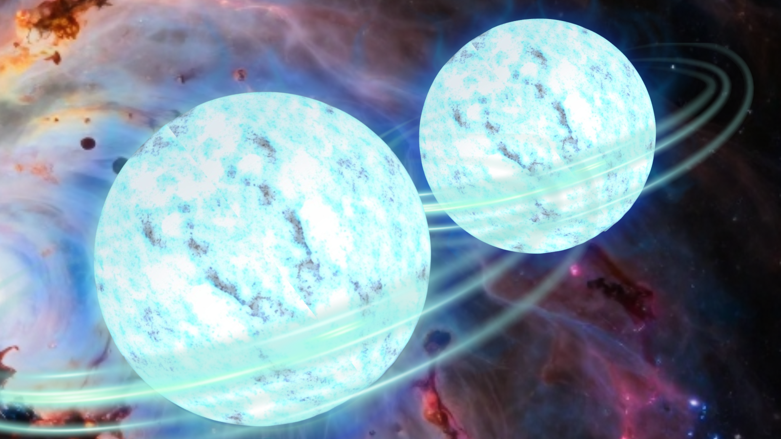Two ice blue balls are illustrated moving toward one another.