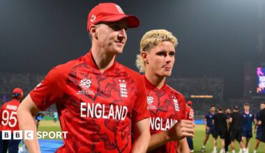 Harry Brook and Jacob Bethell leave the field after the T20 World Cup match between England and Bangladesh