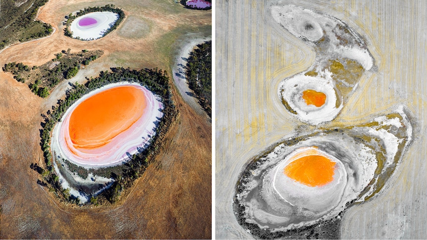 Orange lakes surrounded by white sit in cropping land