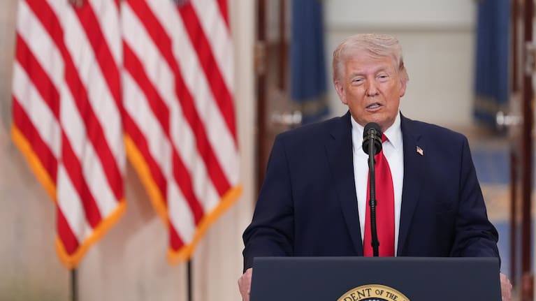 US President Donald Trump during a prime-time address to the nation in the Cross Hall of the White House in Washington, DC, US, on Wednesday, April 1, 2026.