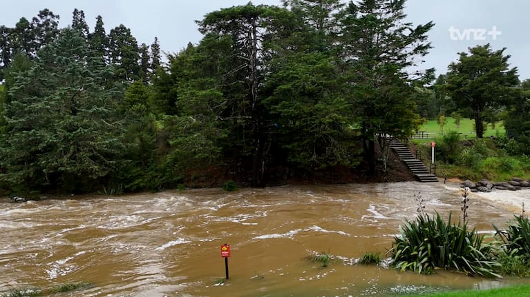 Drone footage shows Whangārei Falls overflowing after prolonged lane.
