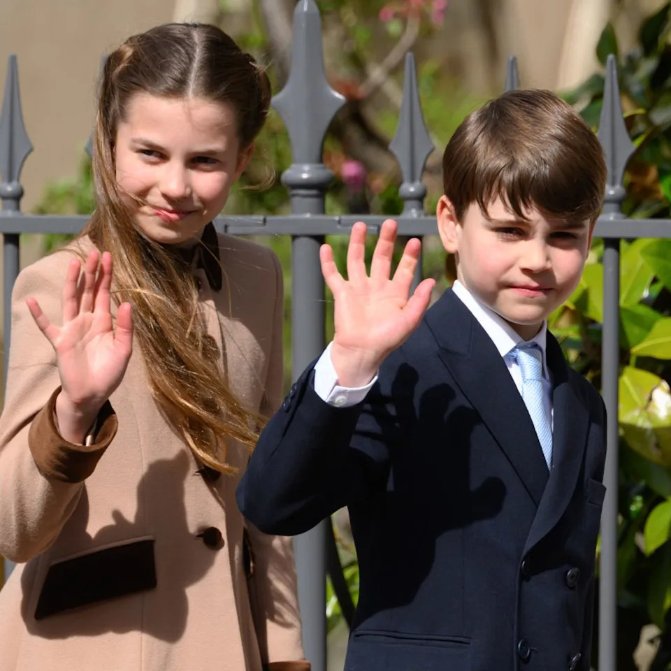 Princess Charlotte and Prince Louis wave at royal fans after the Royal Family's 2026 Easter Matins Service at St George's Chapel on April 05, 2026.