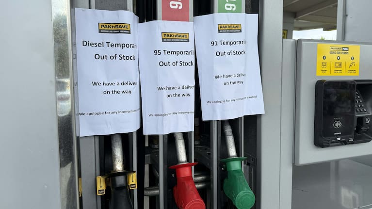 Empty gas pumps at Pak'nSave Petone on March 20, 2026.