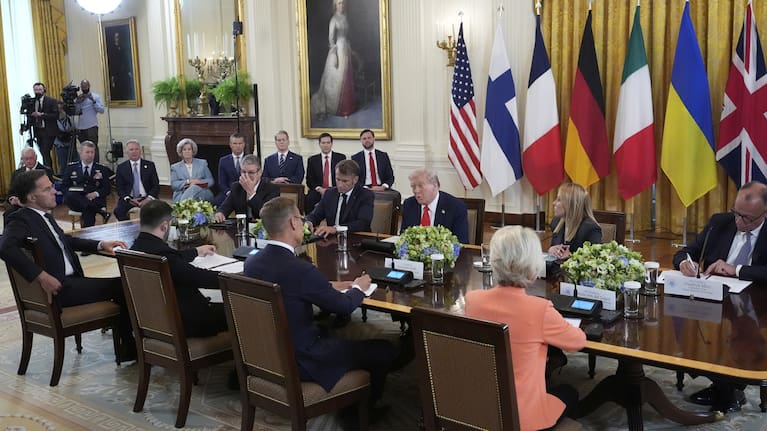 European leaders listen in the East Room of the White House. 
