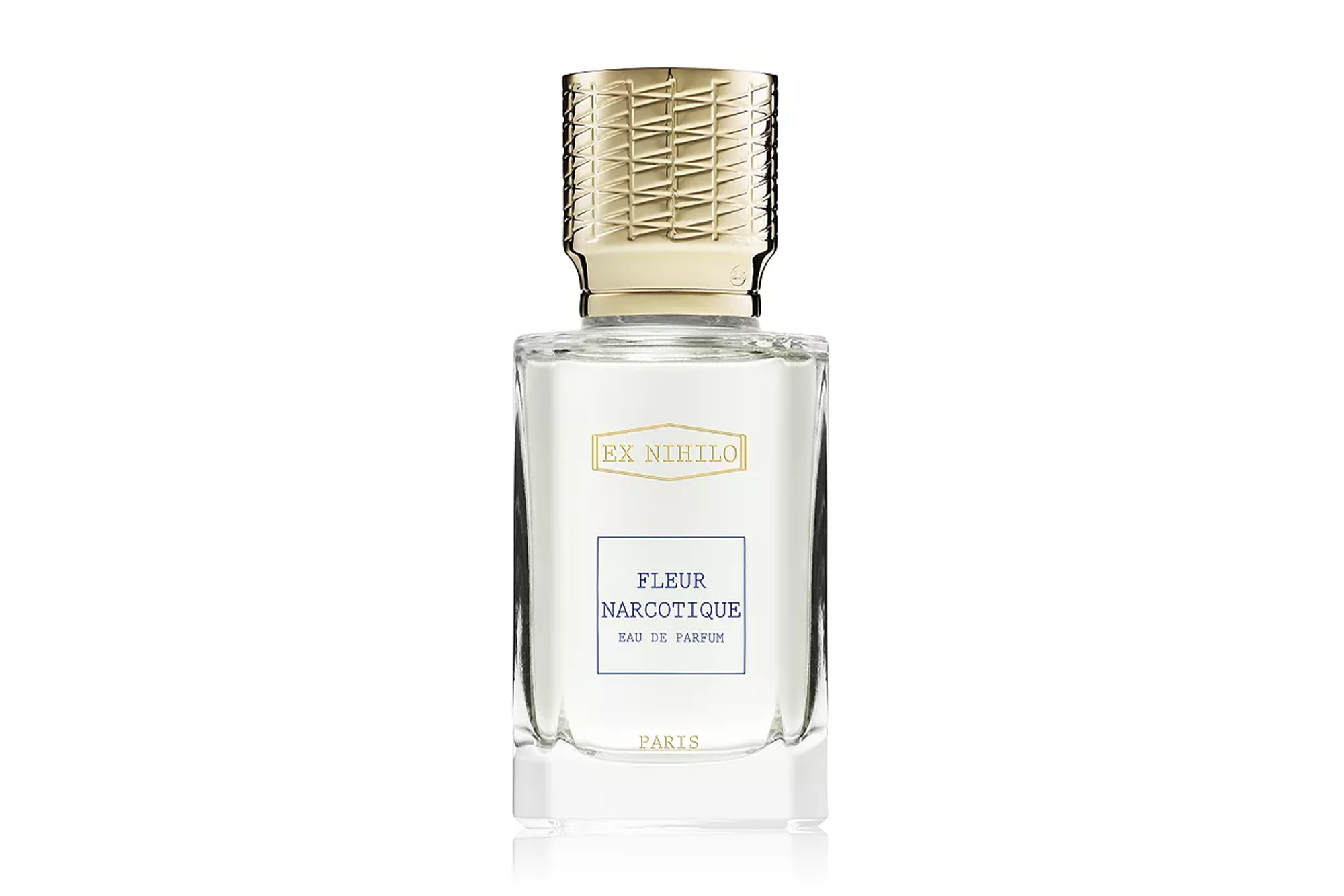A bottle of Ex Nihilo Fleur Narcotique Eau de Parfum with a gold cap.